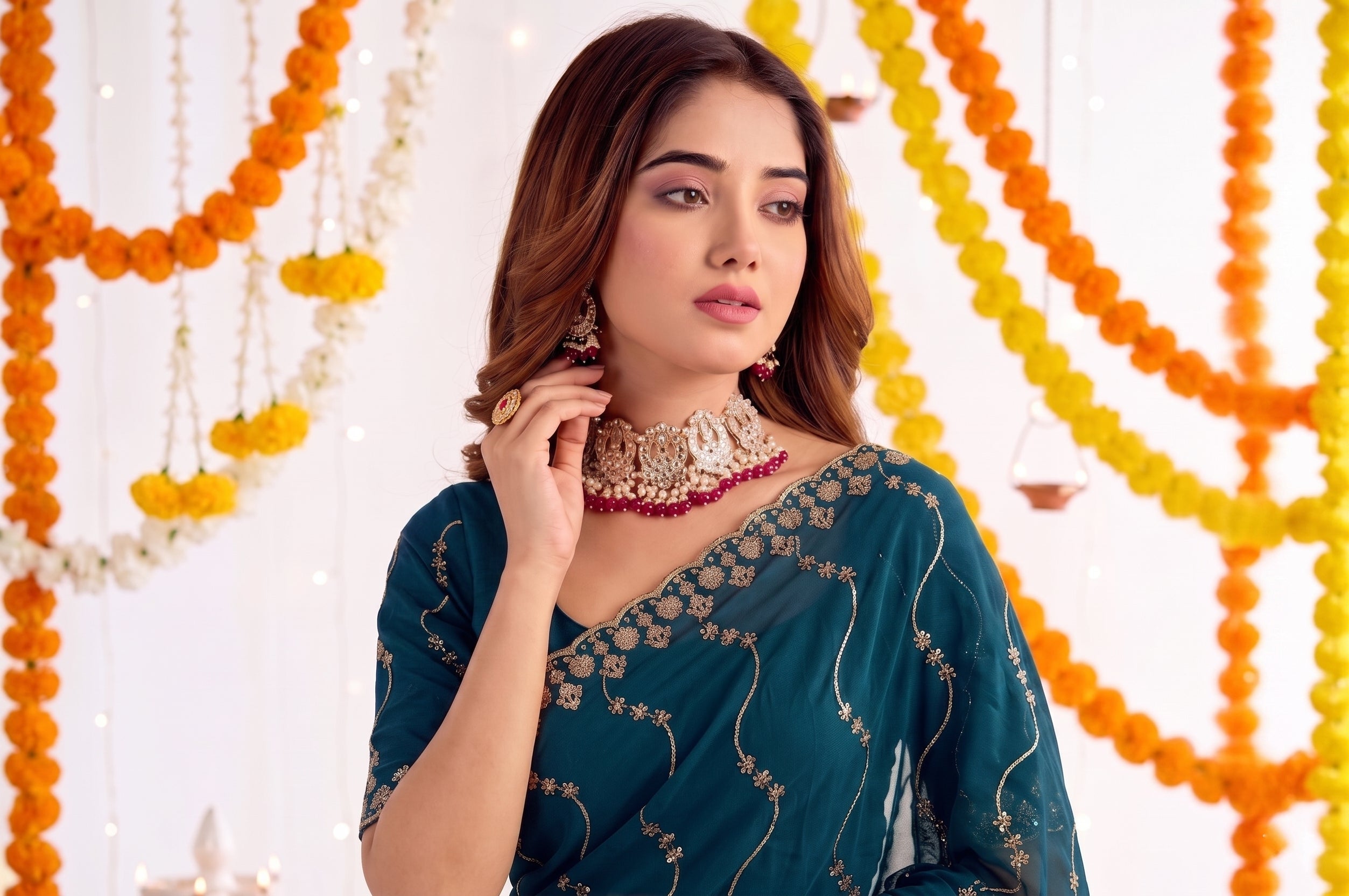 Designer Mustard Teal Blue Party Wear Georgette Saree with Sequin Embroidery