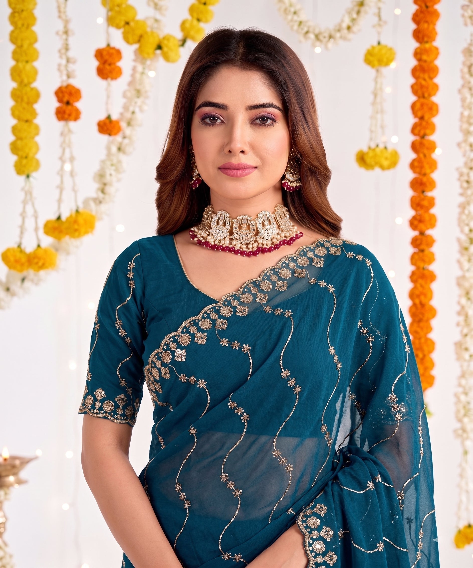 Designer Mustard Teal Blue Party Wear Georgette Saree with Sequin Embroidery