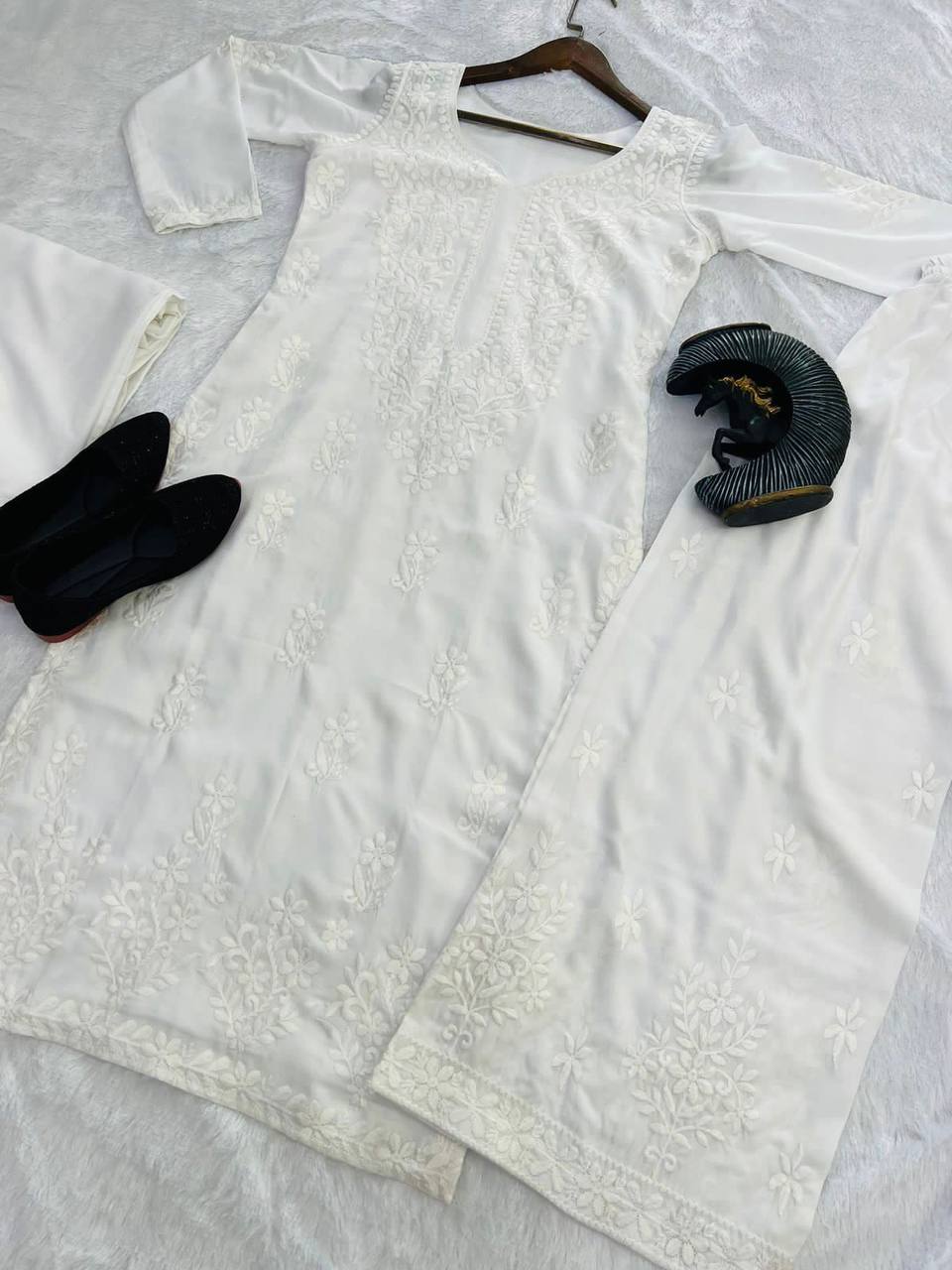 Premium White Maslin Embroidered Kurti Set with Palazzo & Dupatta