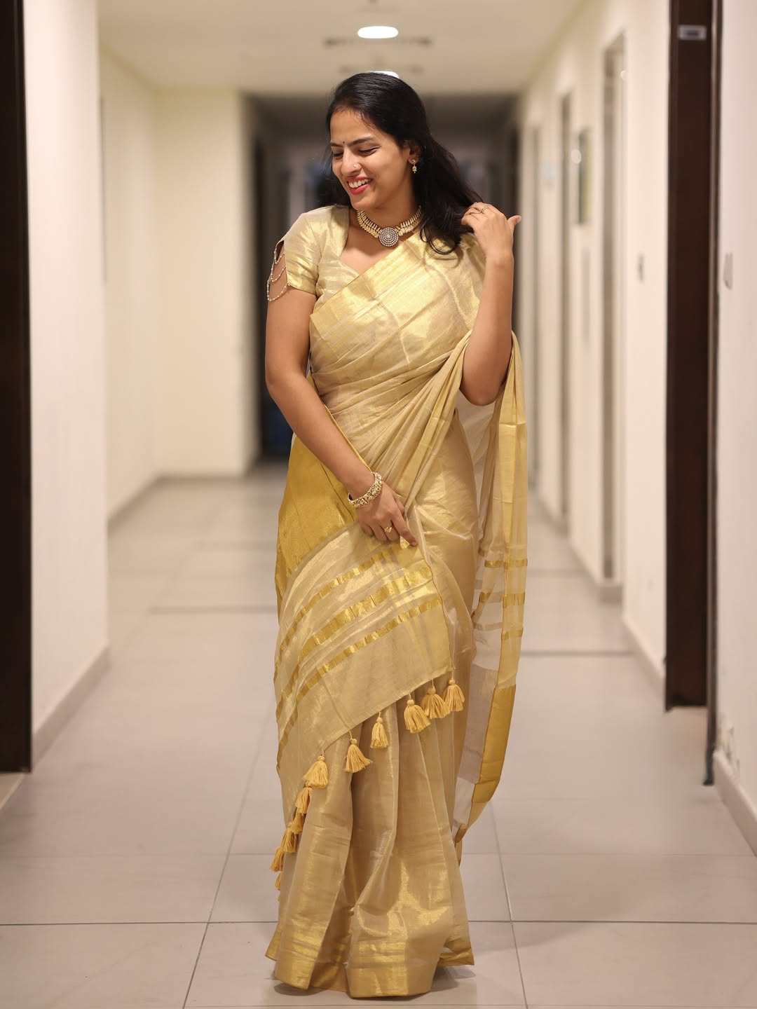 Luxury Off White Gold Kasavu Saree with Designer Tassel Pallu